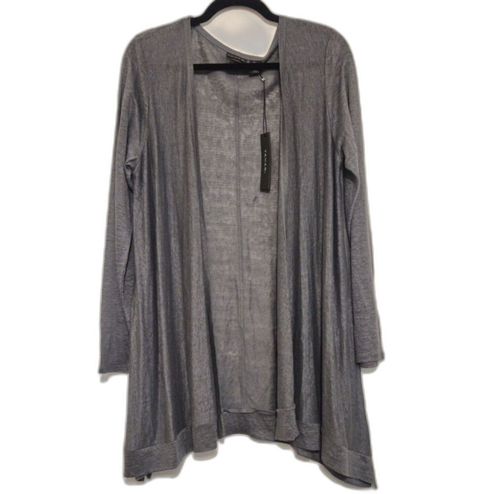 Tahari 100% Linen Cardigan L Gray Open Front Draped Longline Duster NWT